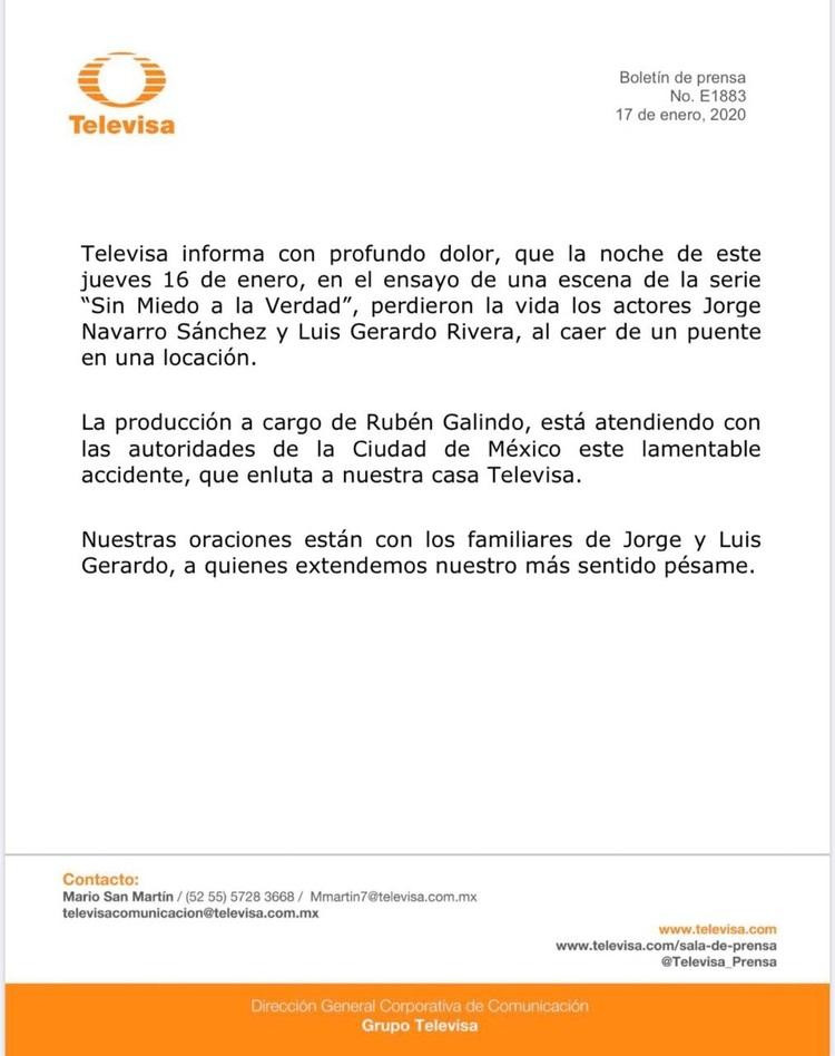 Comunicado de Televisa por actores muertos