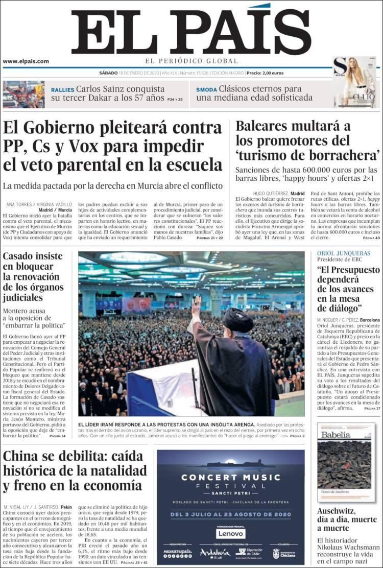 Tapas de diarios, El País, sábado 18 de enero de 2020