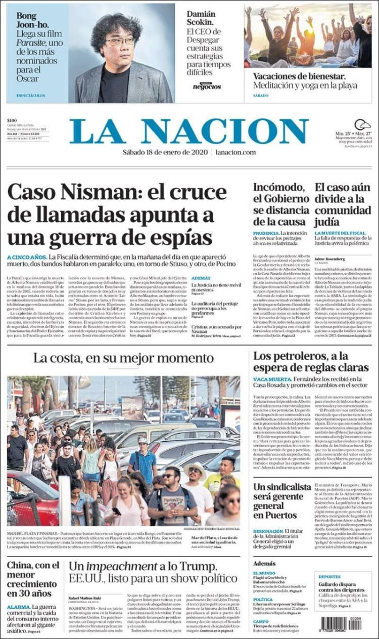 Tapas de diarios, La Nación, sábado 18 de enero de 2020