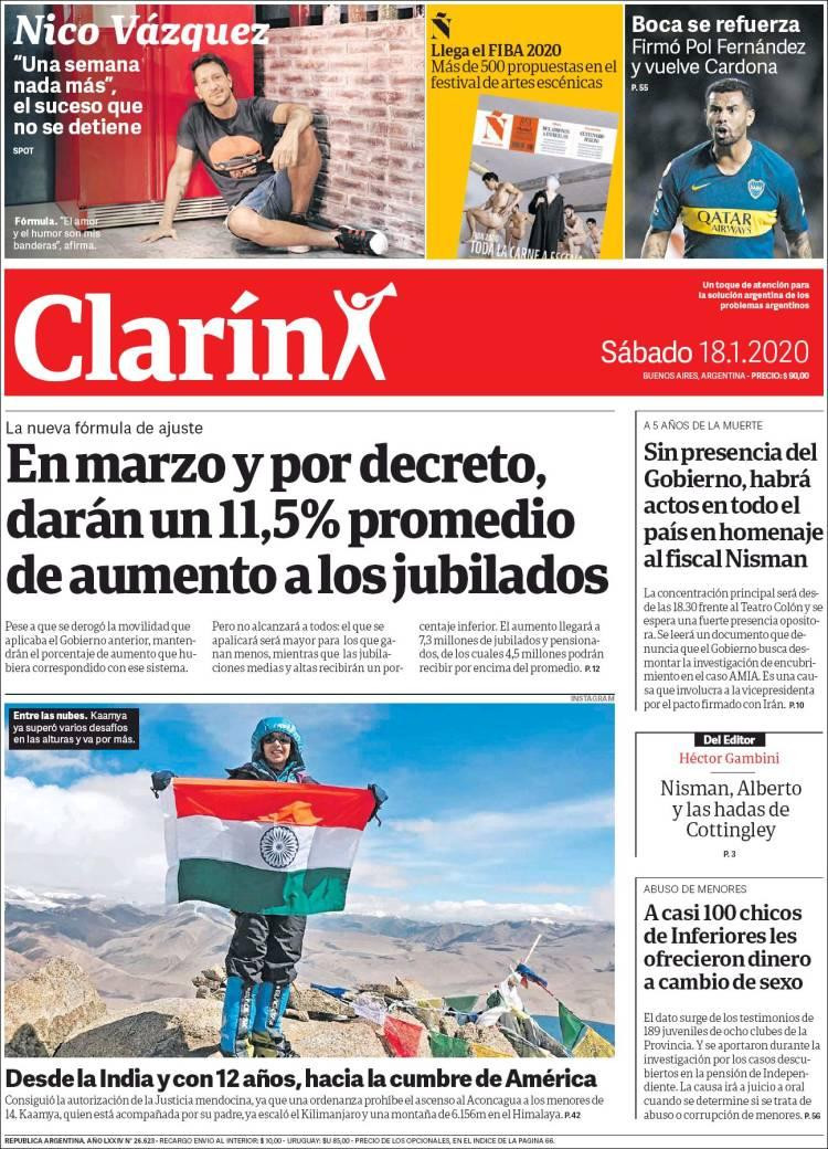 Tapas de diarios, Clarín, sábado 18 de enero de 2020