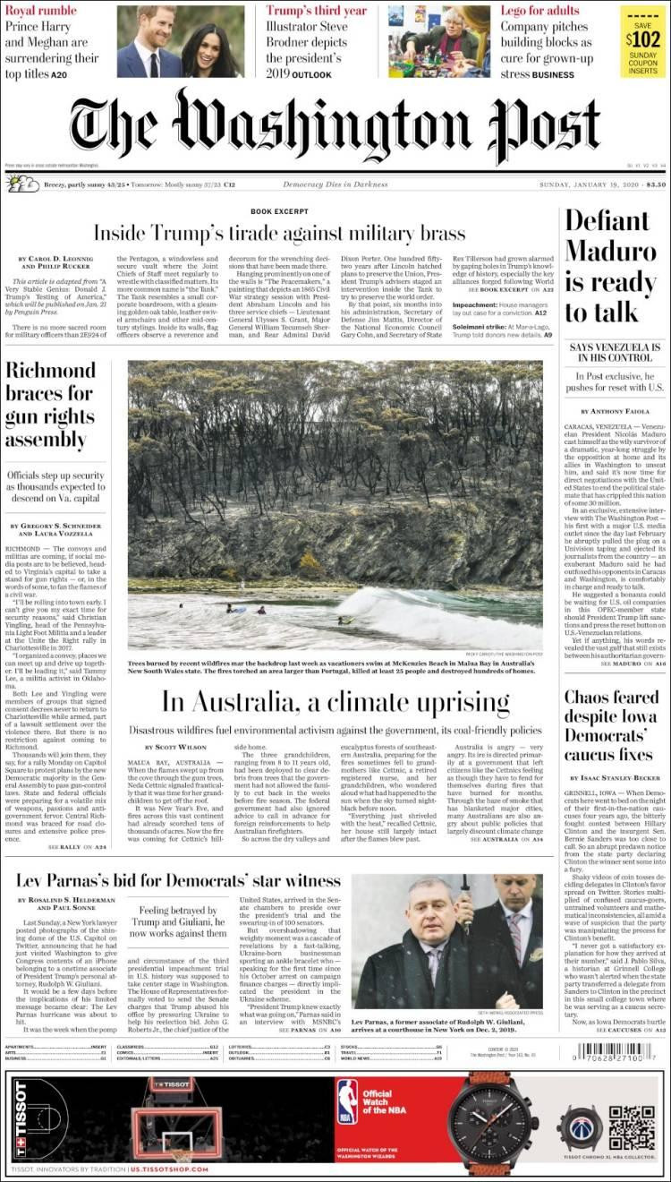 Tapas de diarios, Washington Post, domingo 19 de enero de 2020