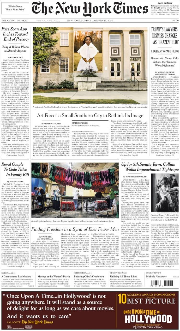 Tapas de diarios, New York Times, domingo 19 de enero de 2020