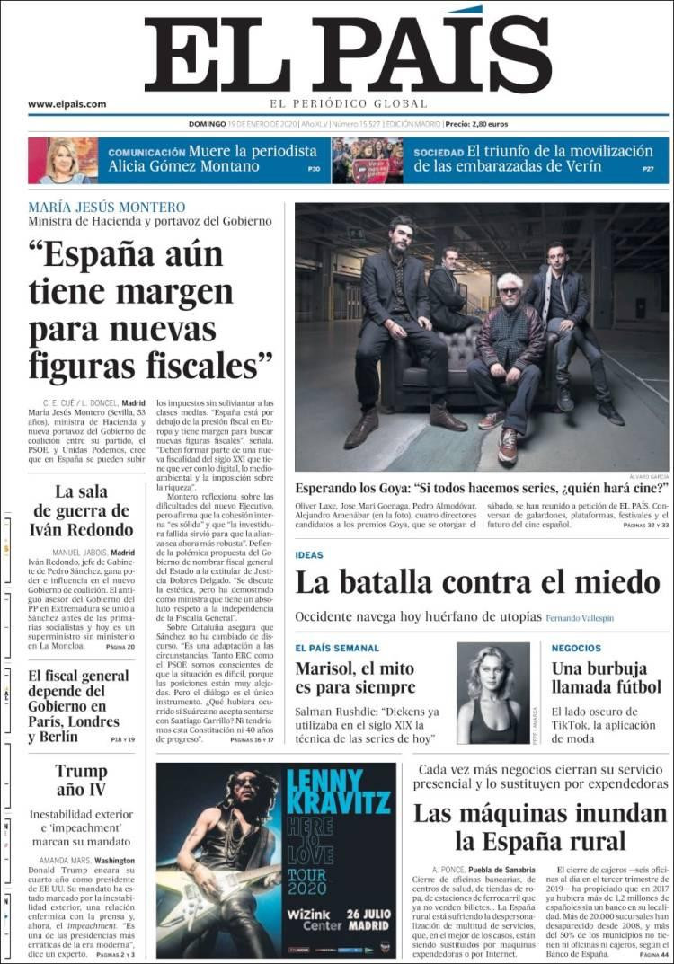 Tapas de diarios, El País, domingo 19 de enero de 2020