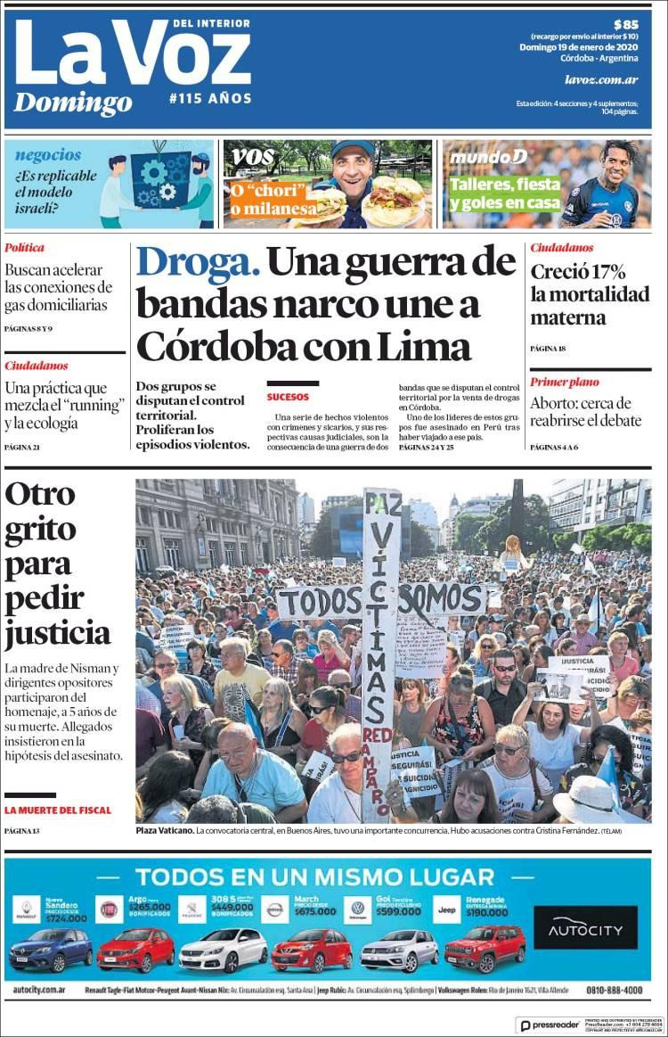 Tapas de diarios, La Voz, domingo 19 de enero de 2020