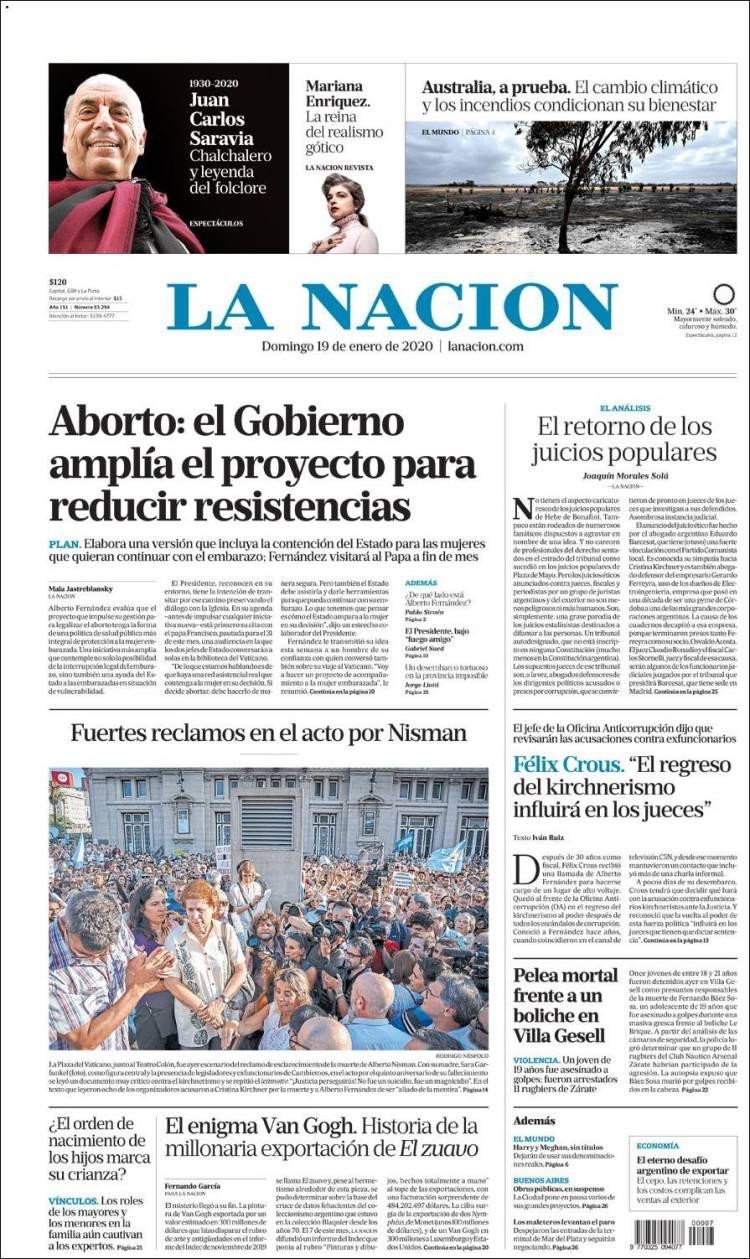 Tapas de diarios, La Nación, domingo 19 de enero de 2020