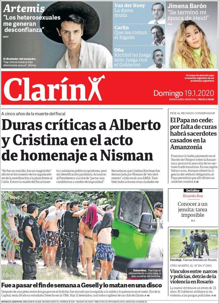 Tapas de diarios,Clarín, domingo 19 de enero de 2020