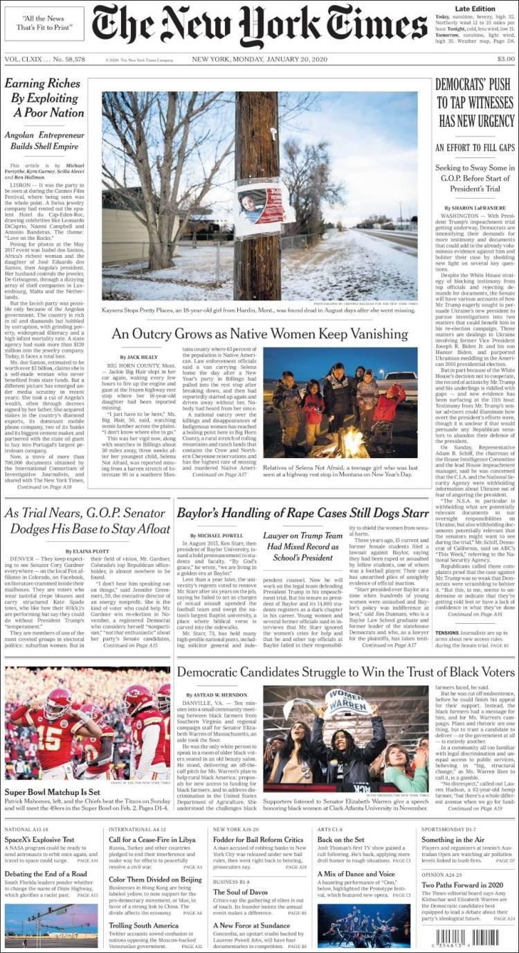 Tapas de diarios, New York Times, lunes 20 de enero de 2020