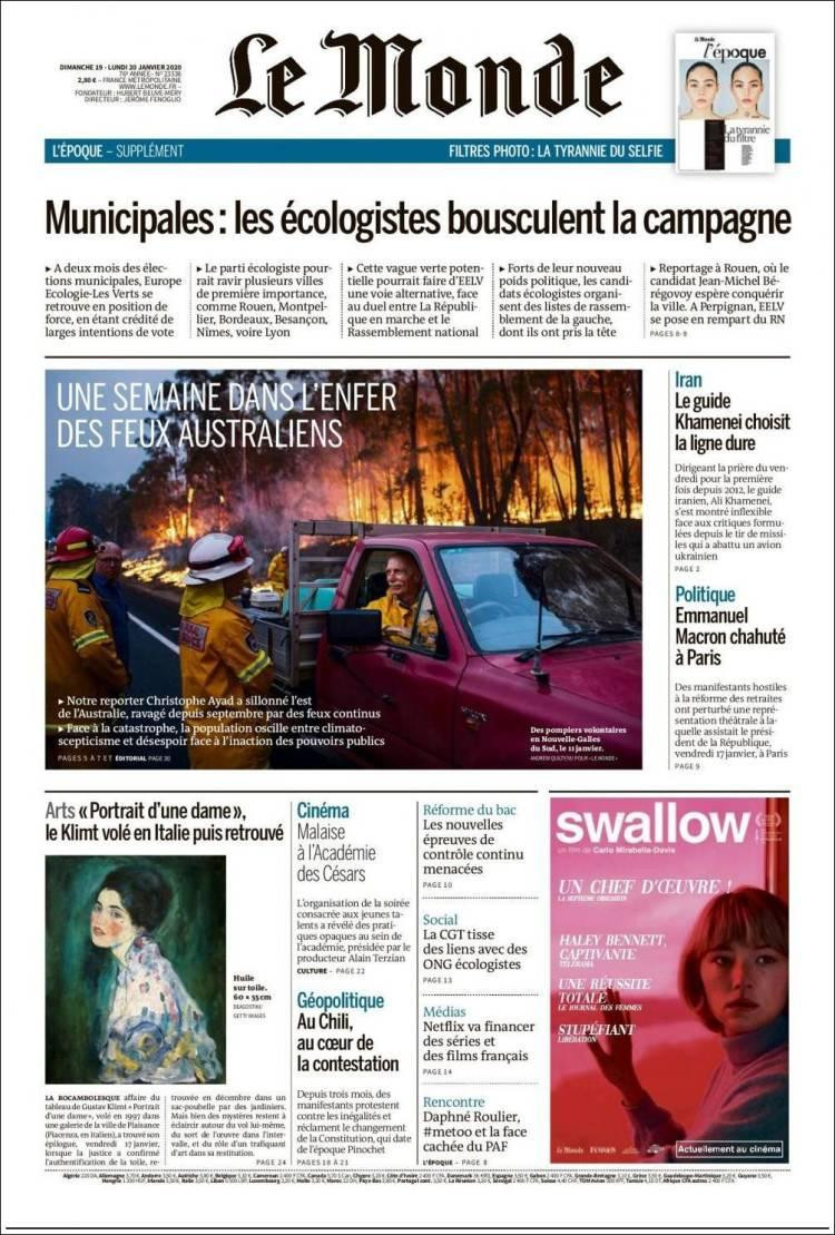 Tapas de diarios, Le Monde, lunes 20 de enero de 2020