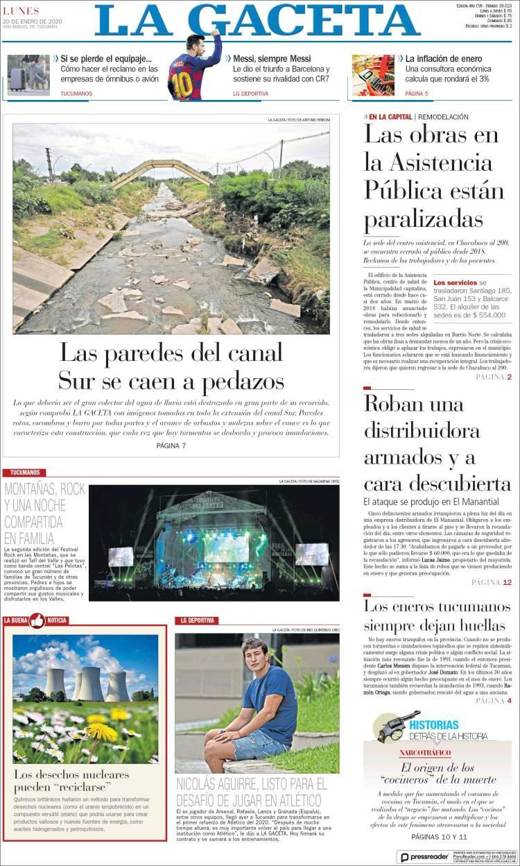 Tapas de diarios, La Gaceta, lunes 20 de enero de 2020