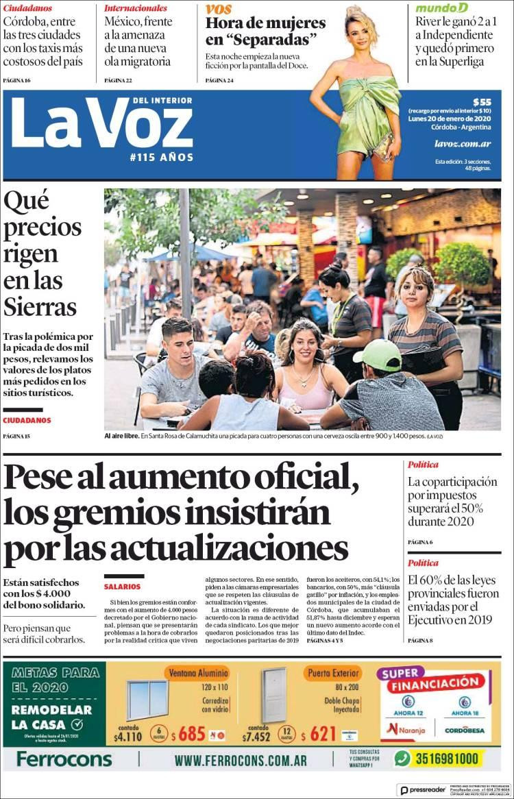 Tapas de diarios, La Voz, lunes 20 de enero de 2020