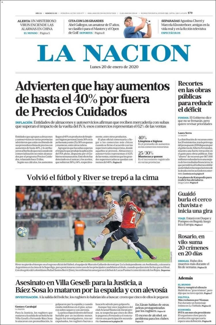 Tapas de diarios, La Nación, lunes 20 de enero de 2020