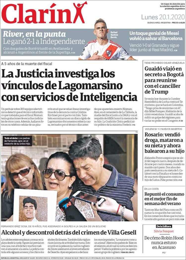 Tapas de diarios, Clarín, lunes 20 de enero de 2020