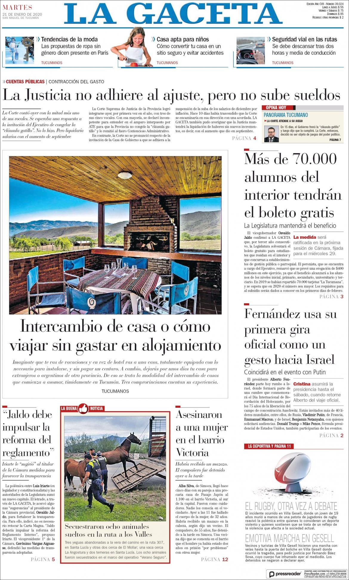 Tapas de diarios, La Gaceta, martes 21 de enero de 2020