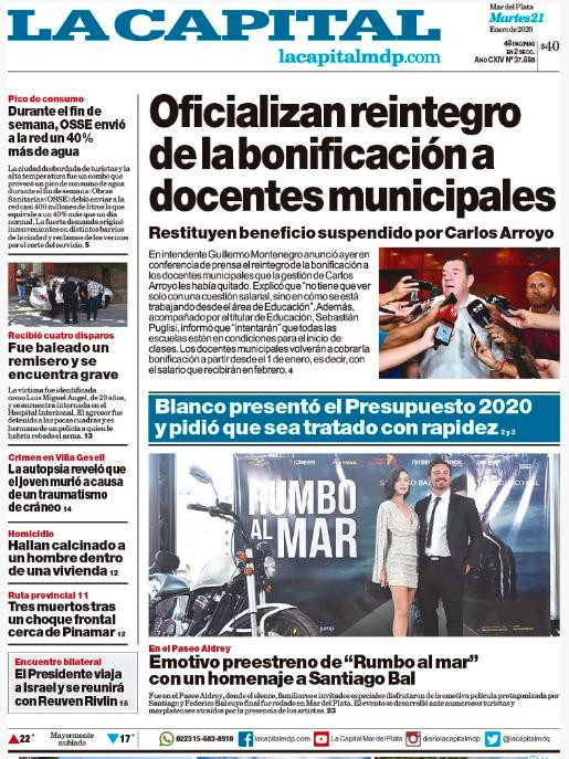 Tapas de diarios, La Capital de Mar del Plata, martes 21 de enero de 2020