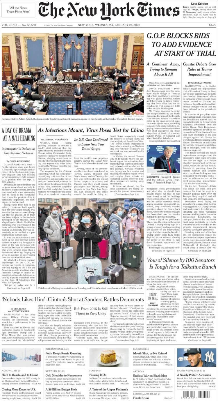 Tapas de diarios, New York Times, miércoles 22 de enero de 2020