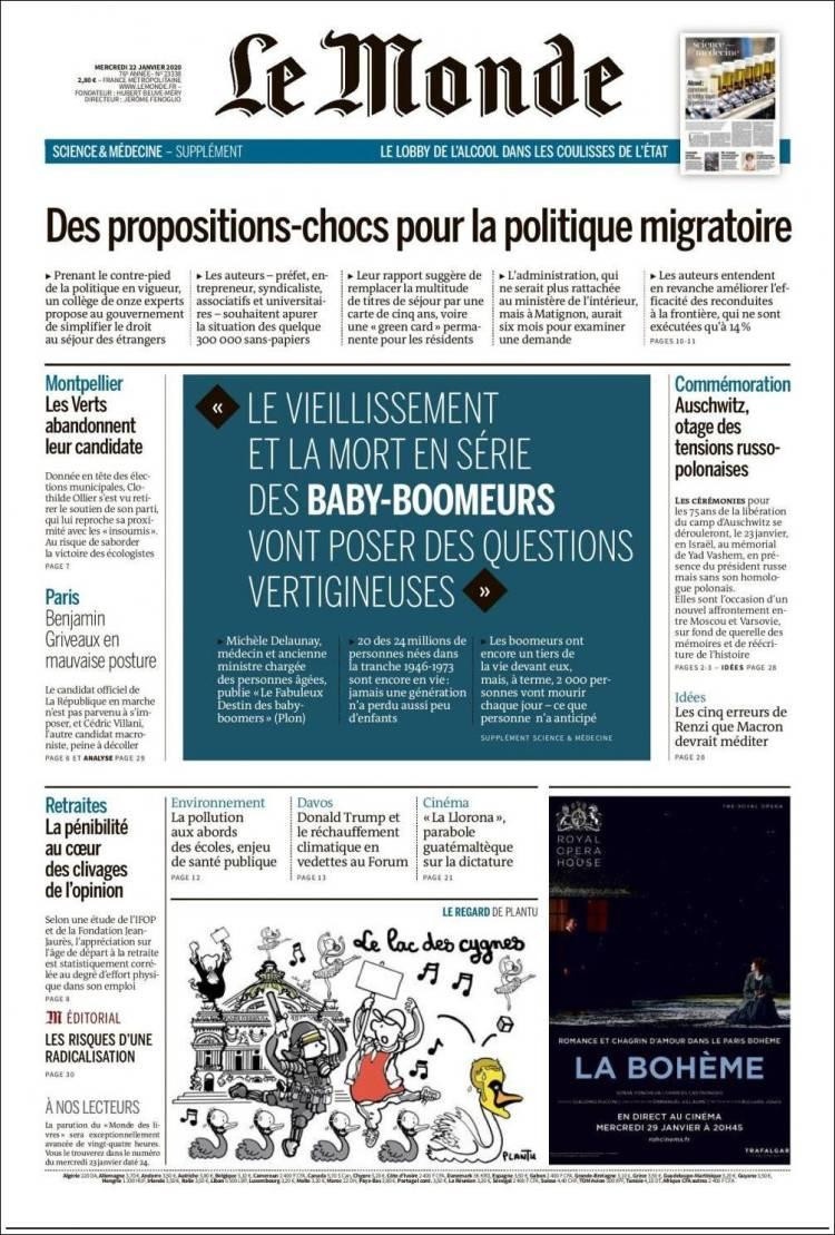 Tapas de diarios, Le Monde, miércoles 22 de enero de 2020