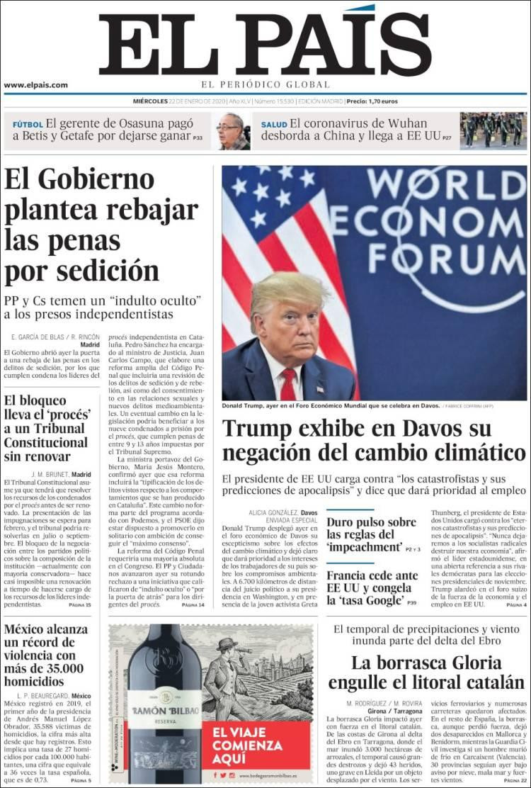 Tapas de diarios, El País, miércoles 22 de enero de 2020