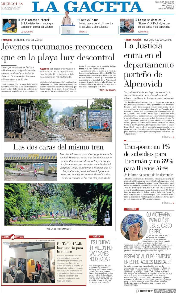 Tapas de diarios, La Gaceta, miércoles 22 de enero de 2020