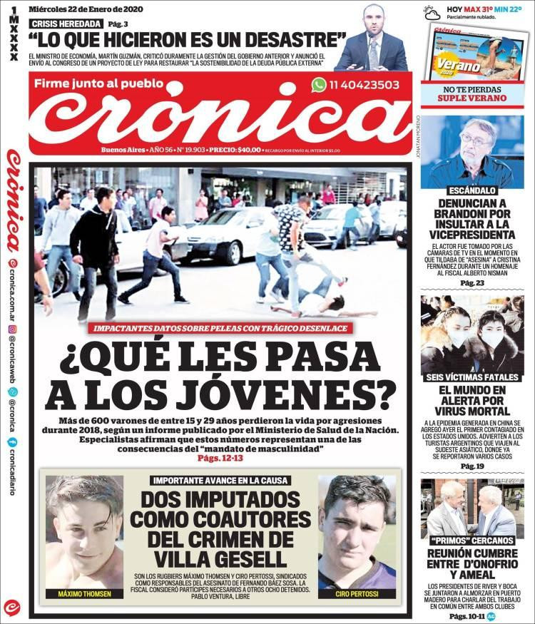 Tapas de diarios, Crónica, miércoles 22 de enero de 2020