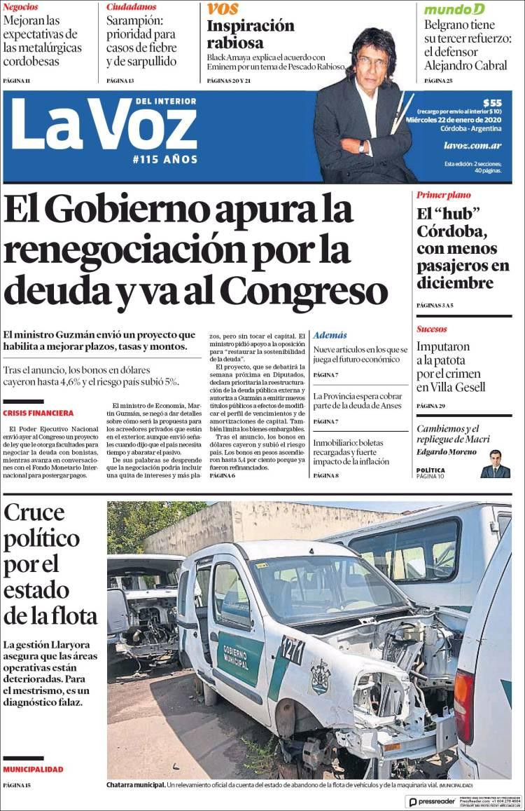 Tapas de diarios, La Voz, miércoles 22 de enero de 2020