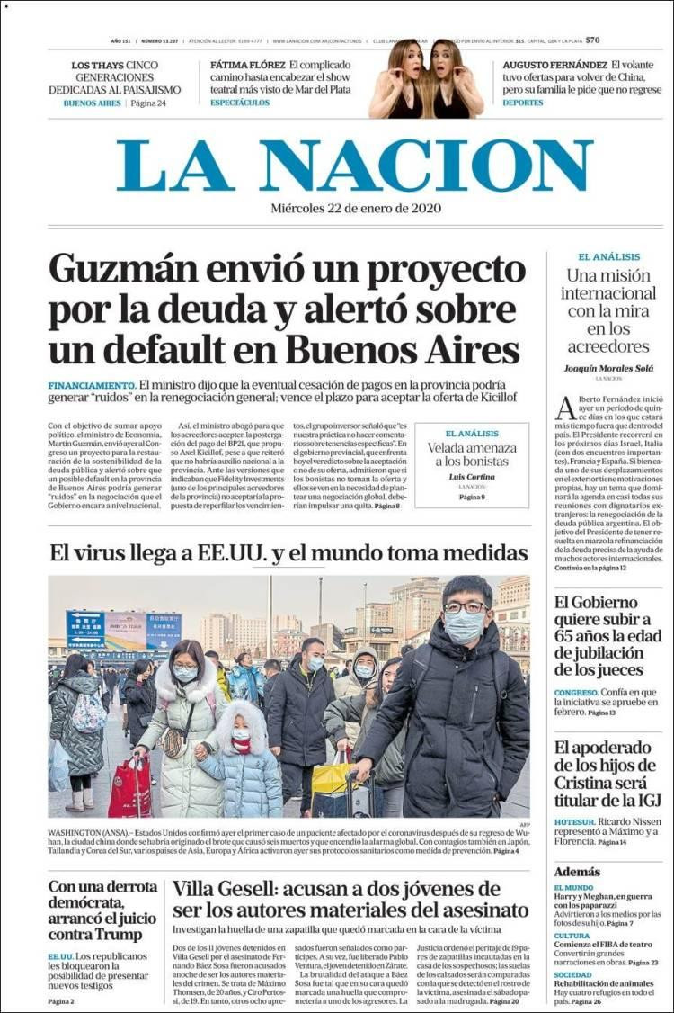 Tapas de diarios, La Nación,  miércoles 22 de enero de 2020