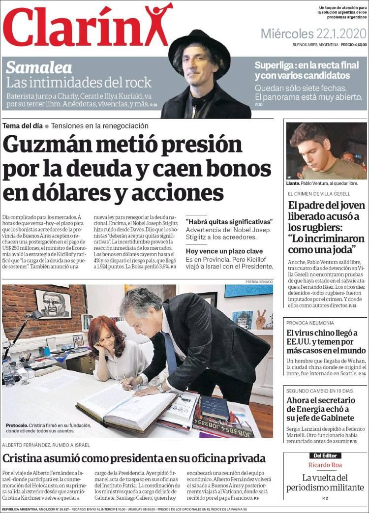 Tapas de diarios, Clarín, miércoles 22 de enero de 2020