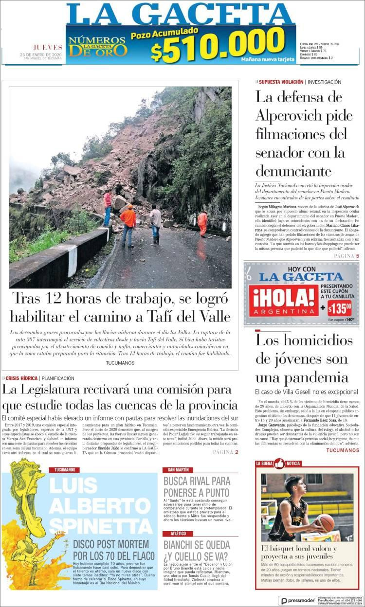 Tapas de diarios, La Gaceta, jueves 23 de enero de 2020