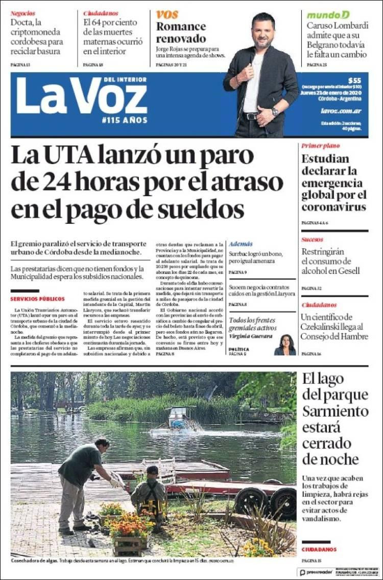 Tapas de diarios, La Voz, jueves 23 de enero de 2020