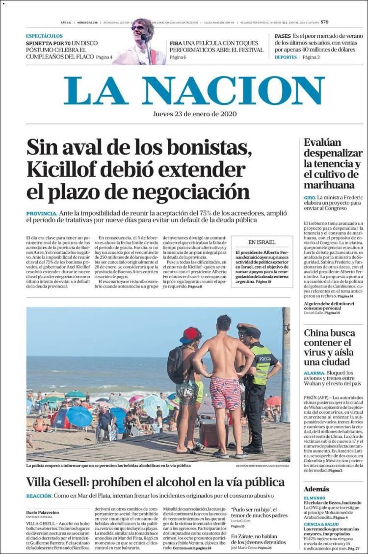 Tapas de diarios, La Nación, jueves 23 de enero de 2020