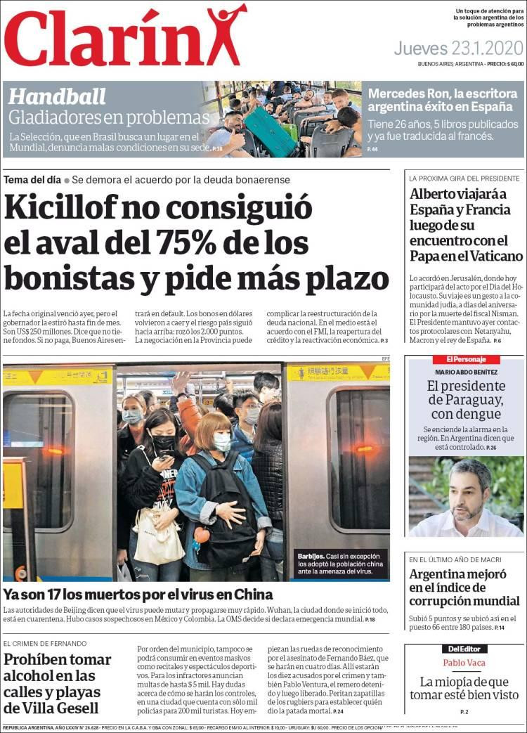 Tapas de diarios, Clarín, jueves 23 de enero de 2020