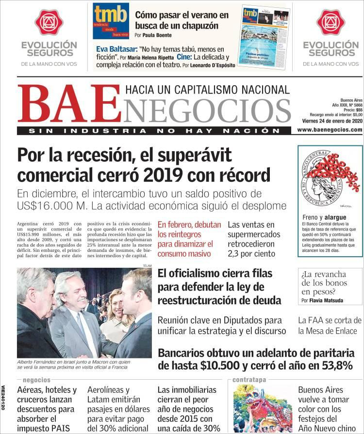 Tapas de Diarios, BAE Negocios, viernes 24 de enero de 2020