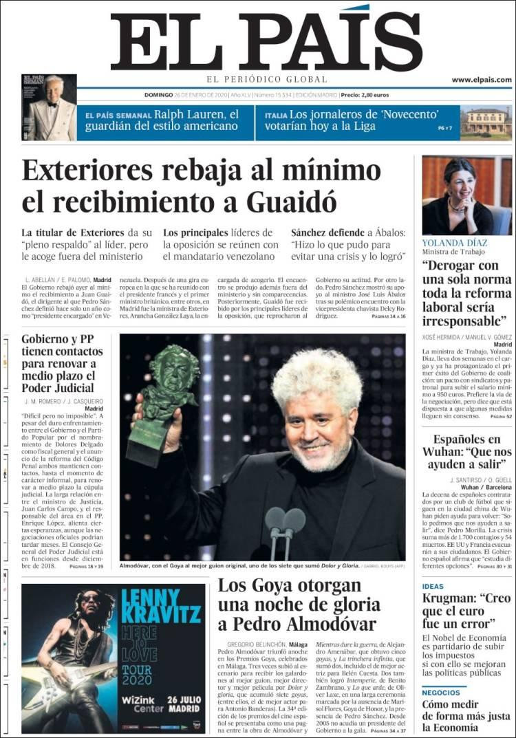 Tapas de diarios, El Pais de España, domingo 26 de enero de 2020