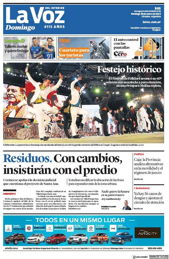 Tapas de diarios, La Voz del Interior, domingo 26 de enero de 2020