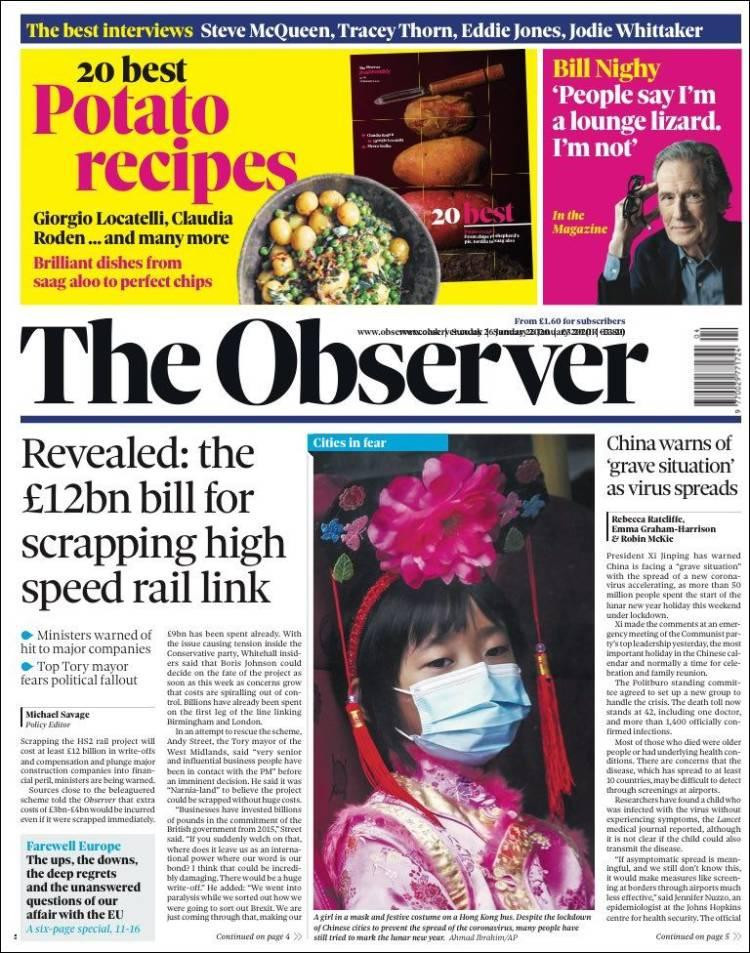 Tapas de diarios, The Observer de Gran Bretaña, domingo 26 de enero de 2020