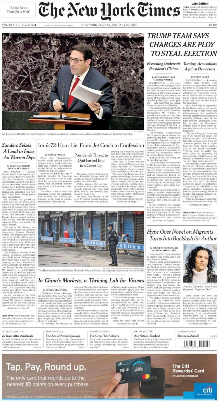 Tapas de diarios, The New York Times de Estados Unidos, domingo 26 de enero de 2020