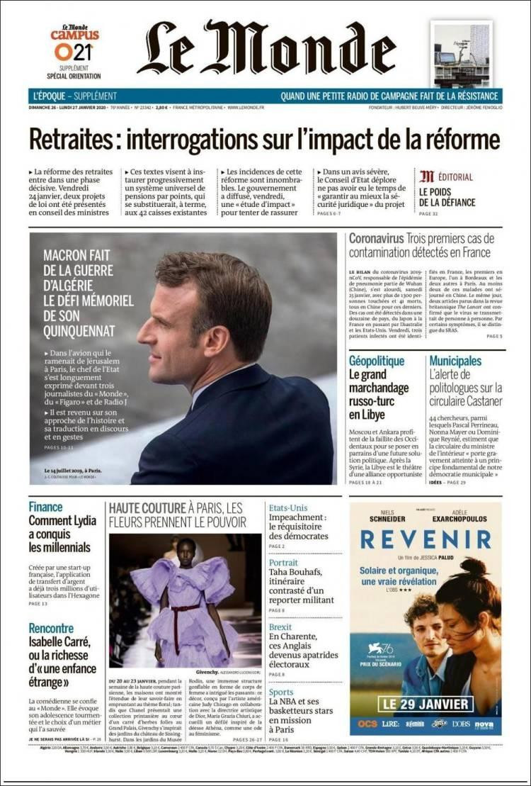 Tapas de diarios, Le Monde lunes 27 de enero de 2020