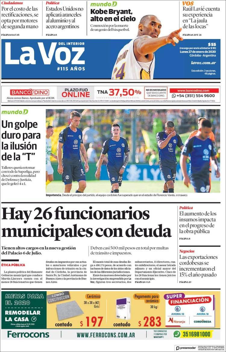Tapas de diarios, La Voz lunes 27 de enero de 2020