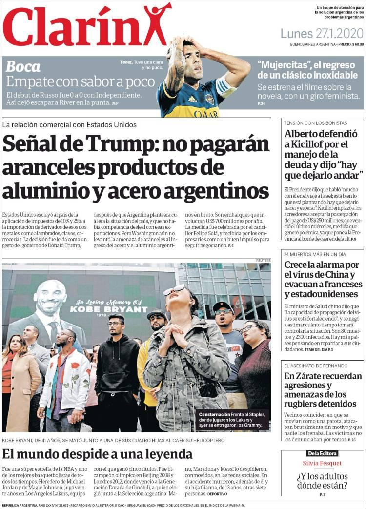 Tapas de diarios, Clarín lunes 27 de enero de 2020