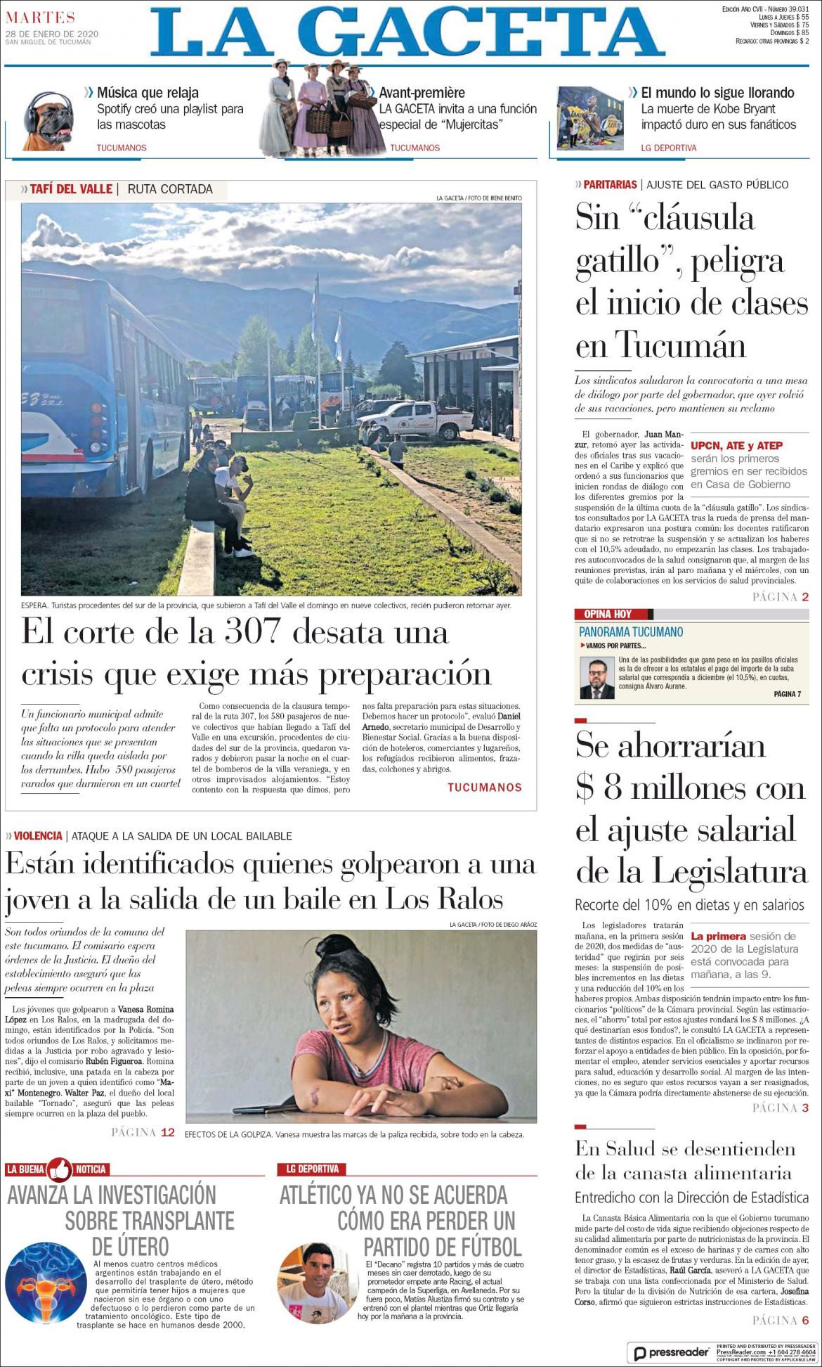 Tapas de diarios, La Gaceta, martes 28 de enero de 2020