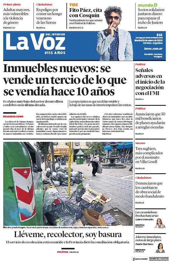 Tapas de diarios, La Voz del Interior, martes 28 de enero de 2020