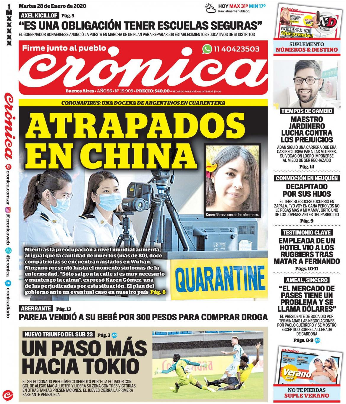 Tapas de diarios, Crónica, martes 28 de enero de 2020