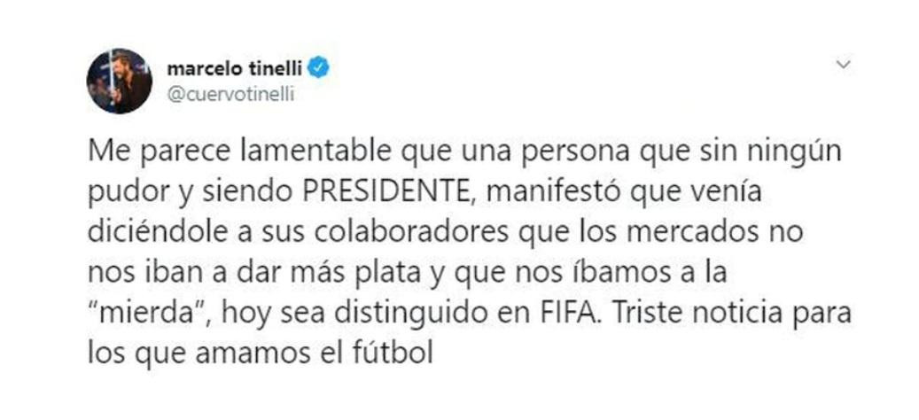 Marcelo Tinelli, twitter tras la designación de Mauricio Macri en la fundación FIFA