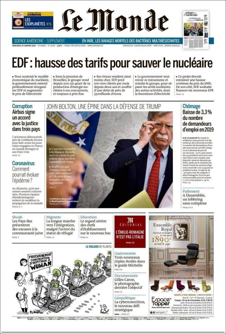 Tapas de diarios, Le Monde, miércoles 29 de enero de 2020