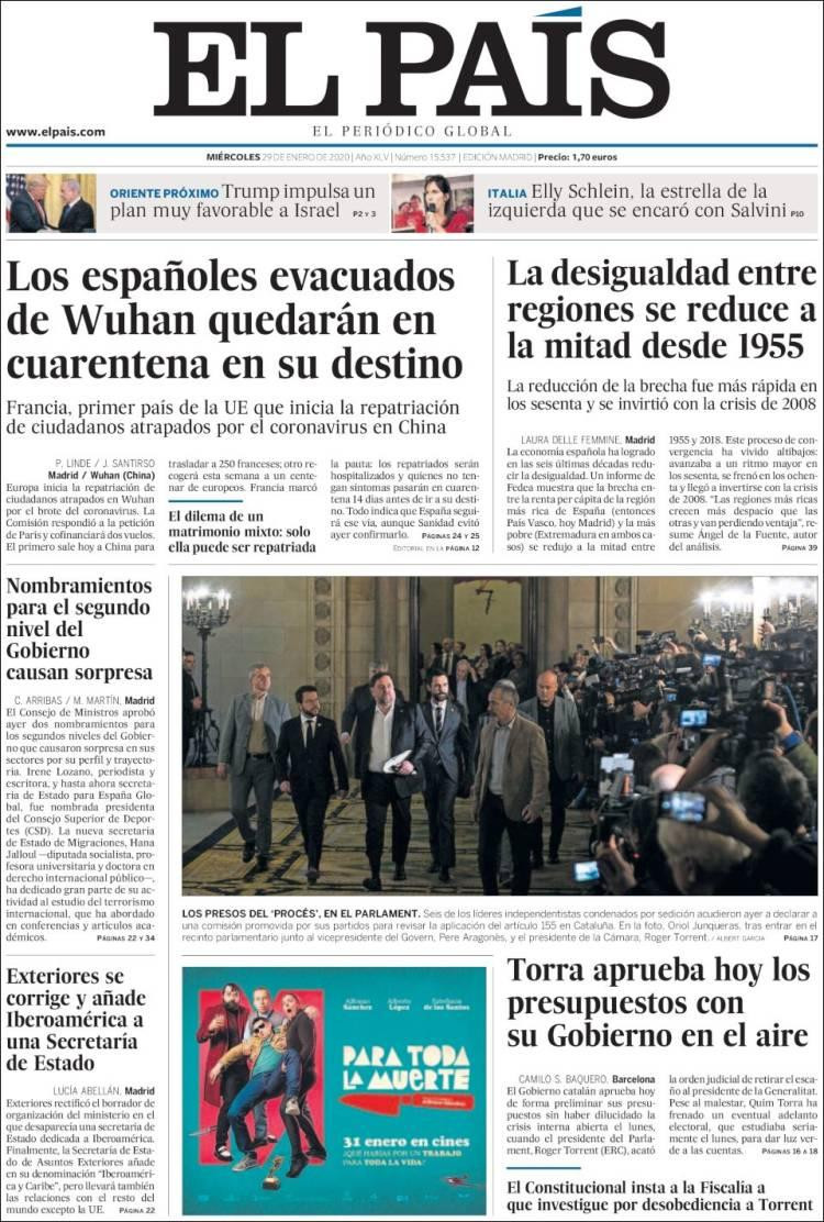 Tapas de diarios, El País, miércoles 29 de enero de 2020
