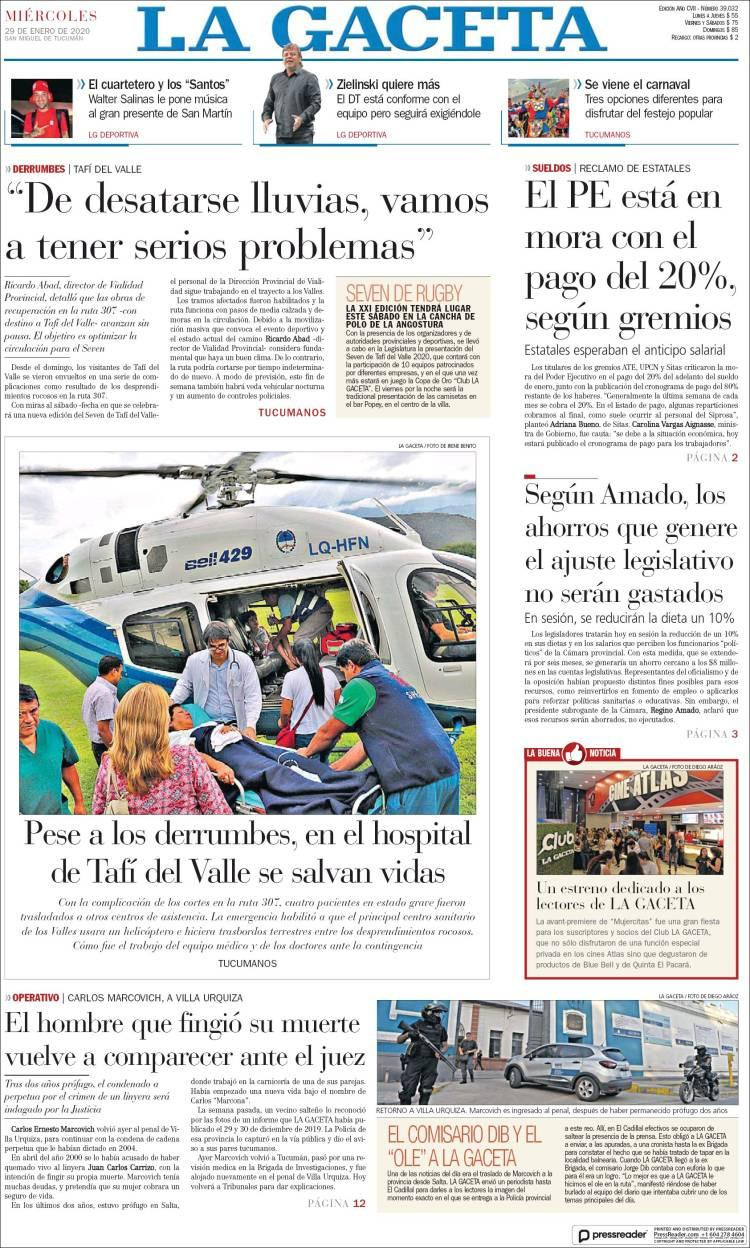 Tapas de diarios, La Gaceta, miércoles 29 de enero de 2020