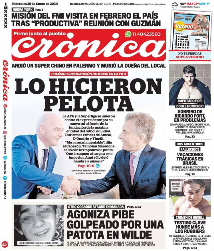 Tapas de diarios, Crónica, miércoles 29 de enero de 2020