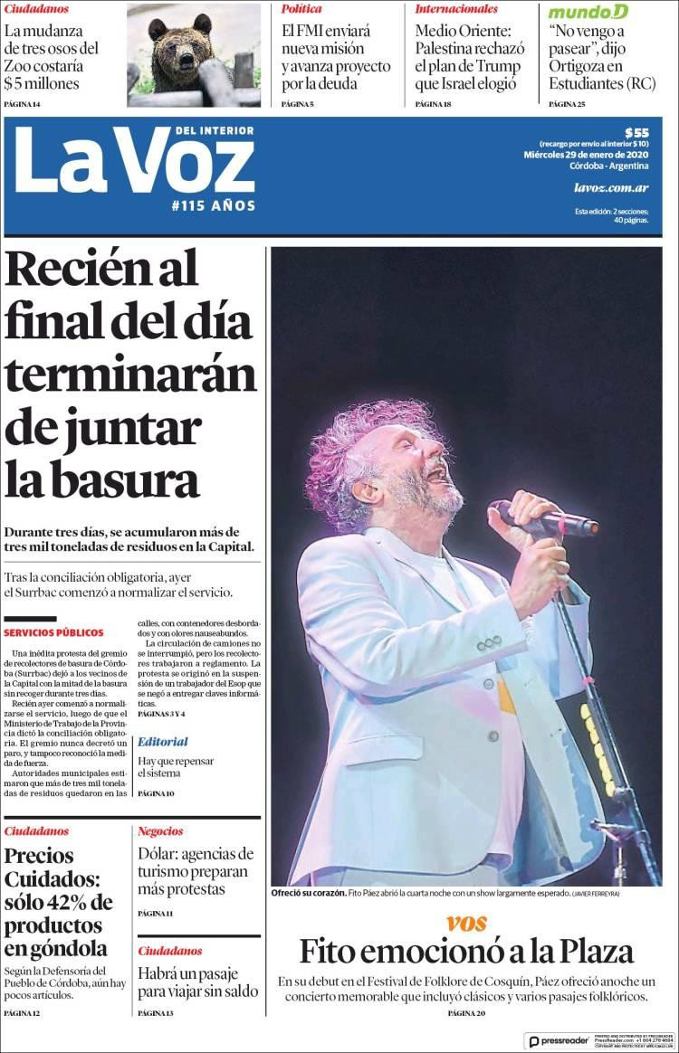 Tapas de diarios, La Voz, miércoles 29 de enero de 2020