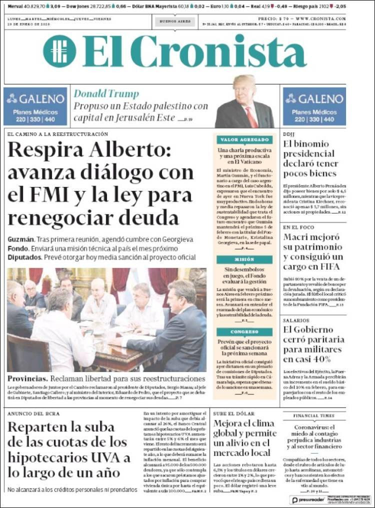 Tapas de diarios, El Cronista, miércoles 29 de enero de 2020