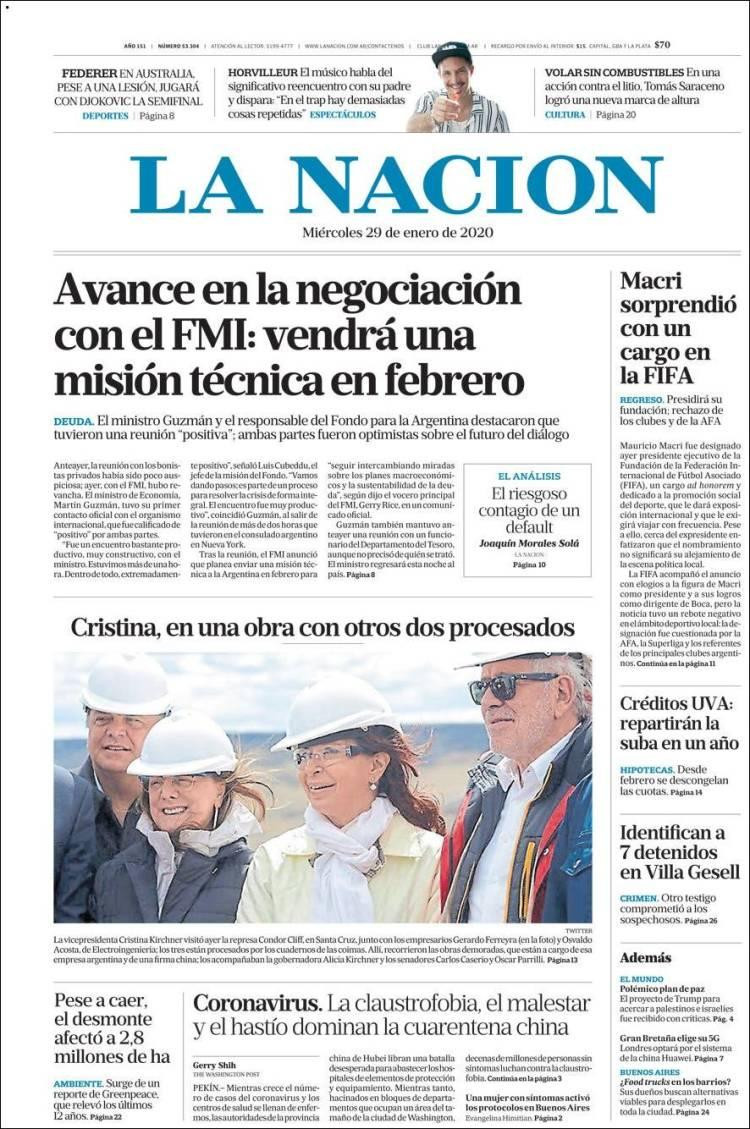 Tapas de diarios, La Nación, miércoles 29 de enero de 2020