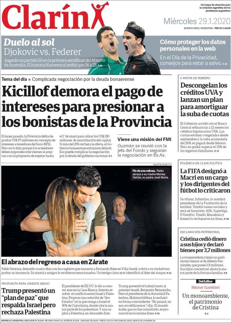 Tapas de diarios, Clarín, miércoles 29 de enero de 2020